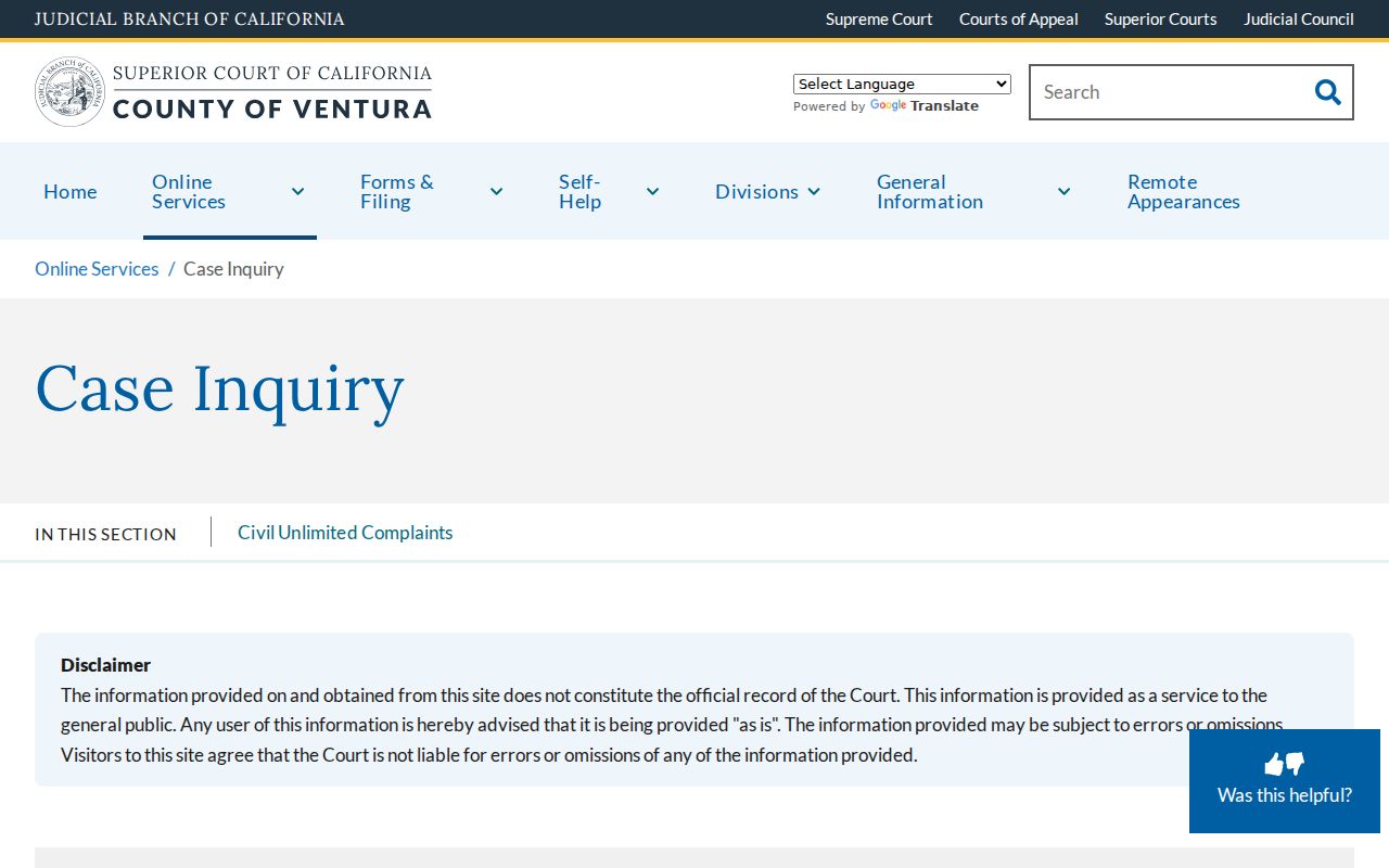 Camarillo people search Ventura Superior Court case inquiry