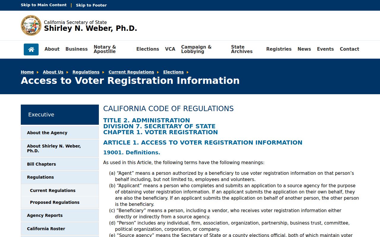 Camarillo voter registration records California access regulations page