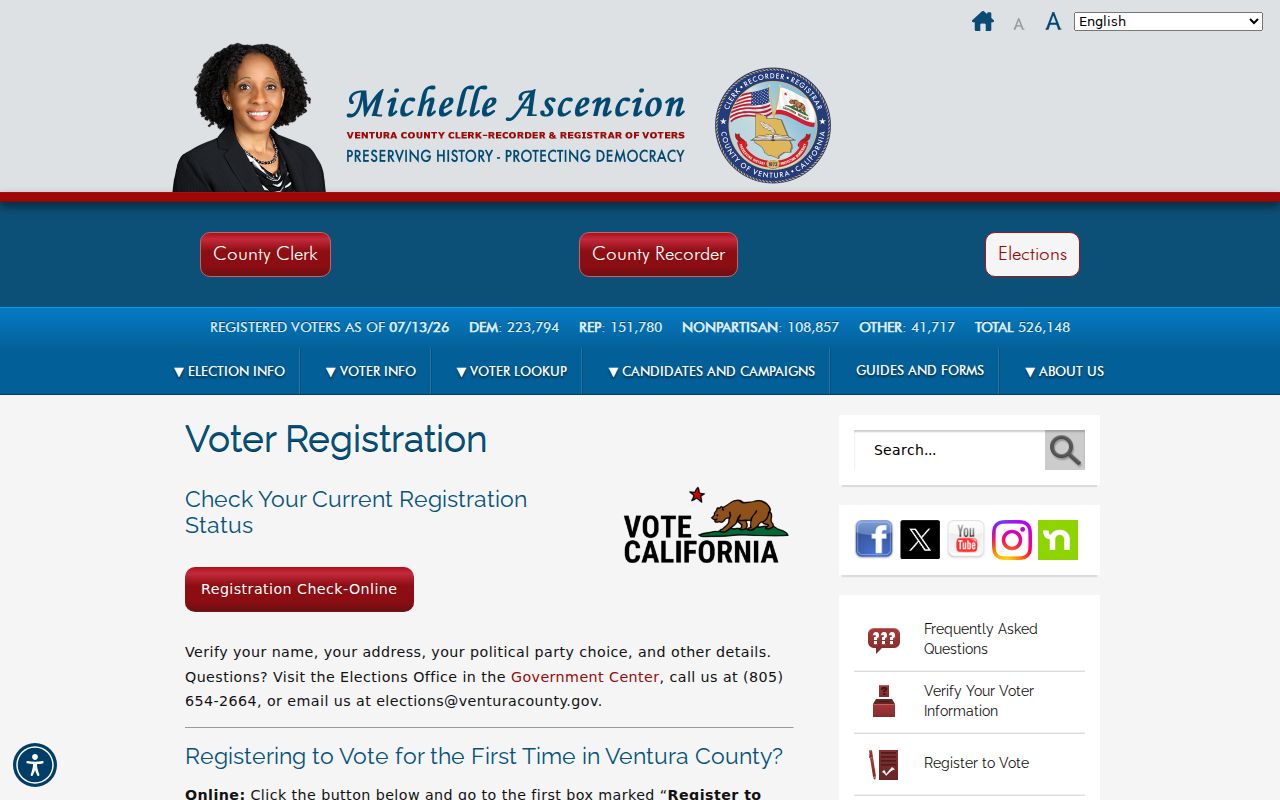 Camarillo voter registration records Ventura County voter registration information page
